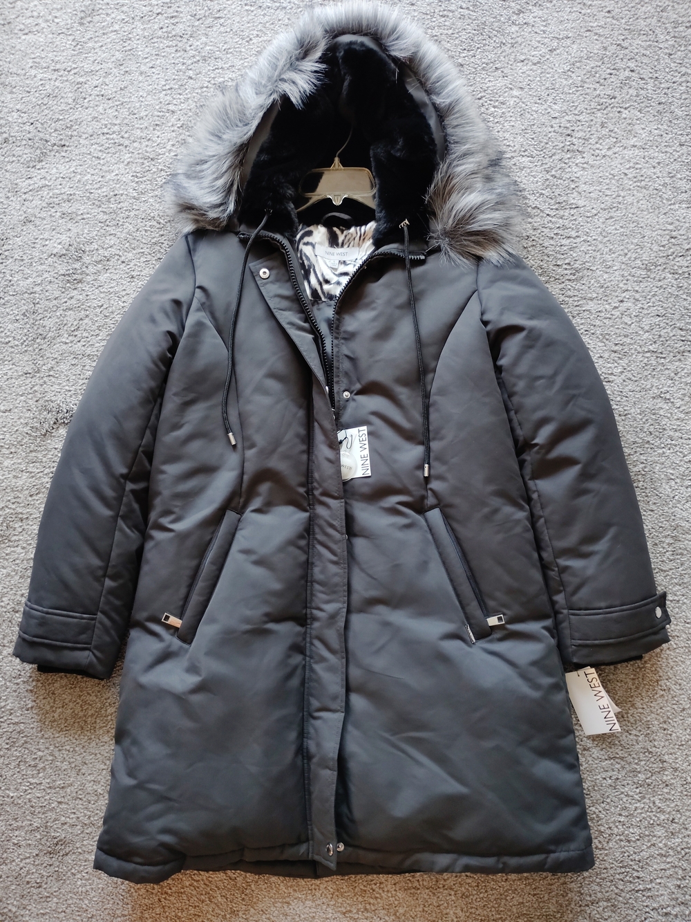 Nine West Women's Black Faux Fur Hooded Winter Coat
